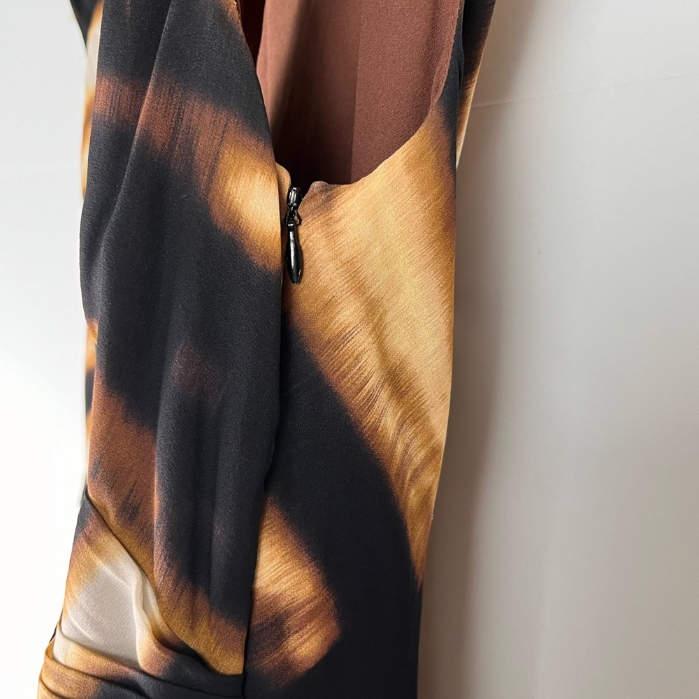 VTG Ann Taylor Silk Dress 12 Brown Animal Print Stretch Sleeveless Surplice - Picture 8 of 16